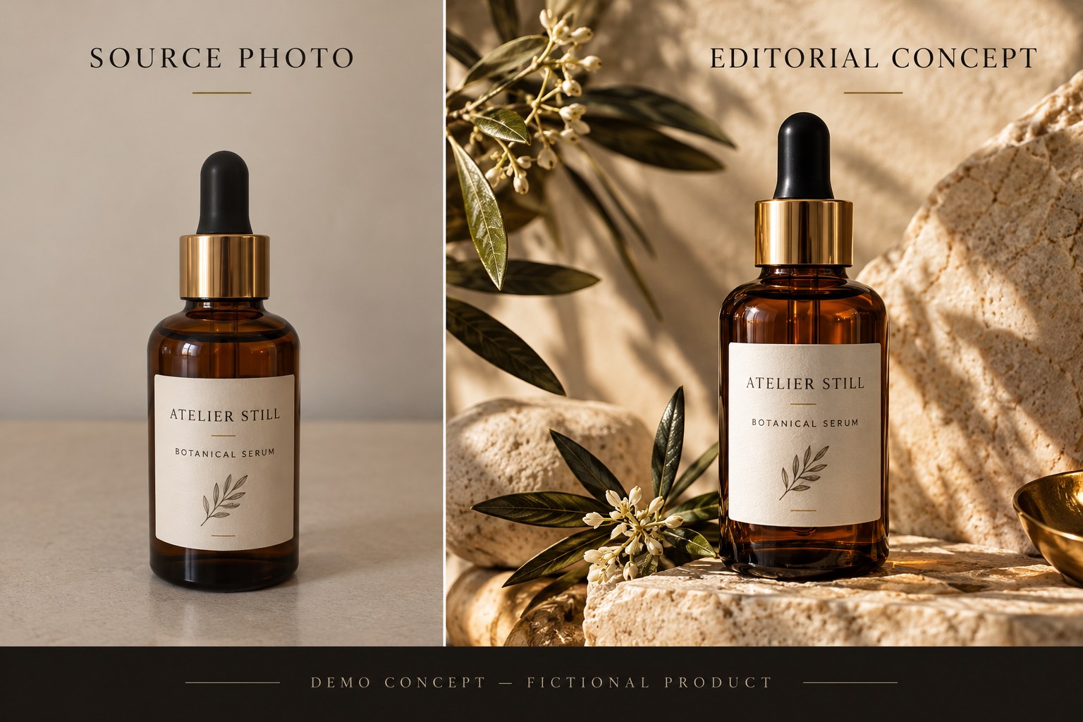 Two AI-generated examples of a fictional Atelier Still botanical serum: simulated plain reference on the left and editorial direction on the right. Clearly marked as demo concept.